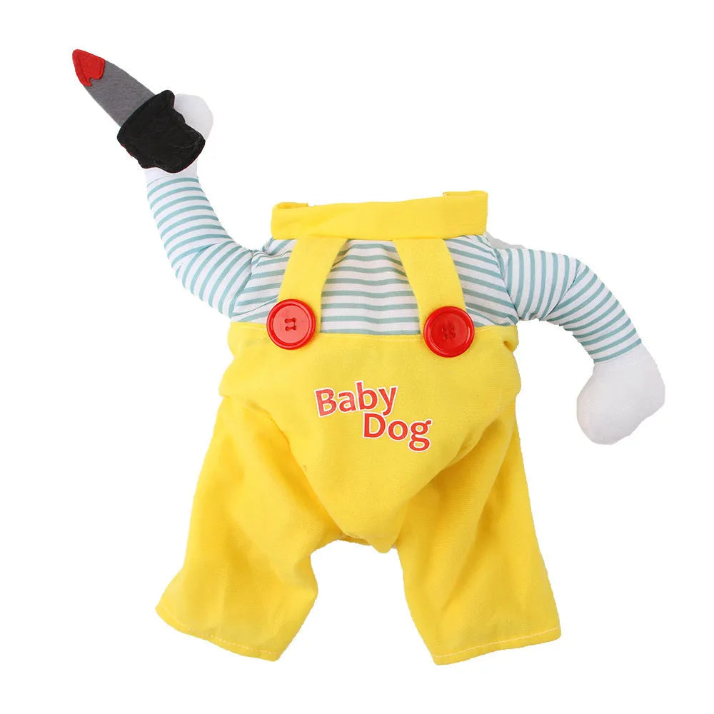 Creative yellow knife assassin cat costume on a cat, made from polyester, available in sizes S to XL