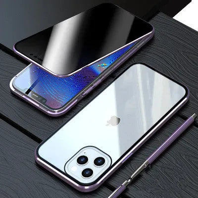 Black magnetic privacy glass phone case with anti-spy screen for iPhone, showing metal frame and tempered glass front.