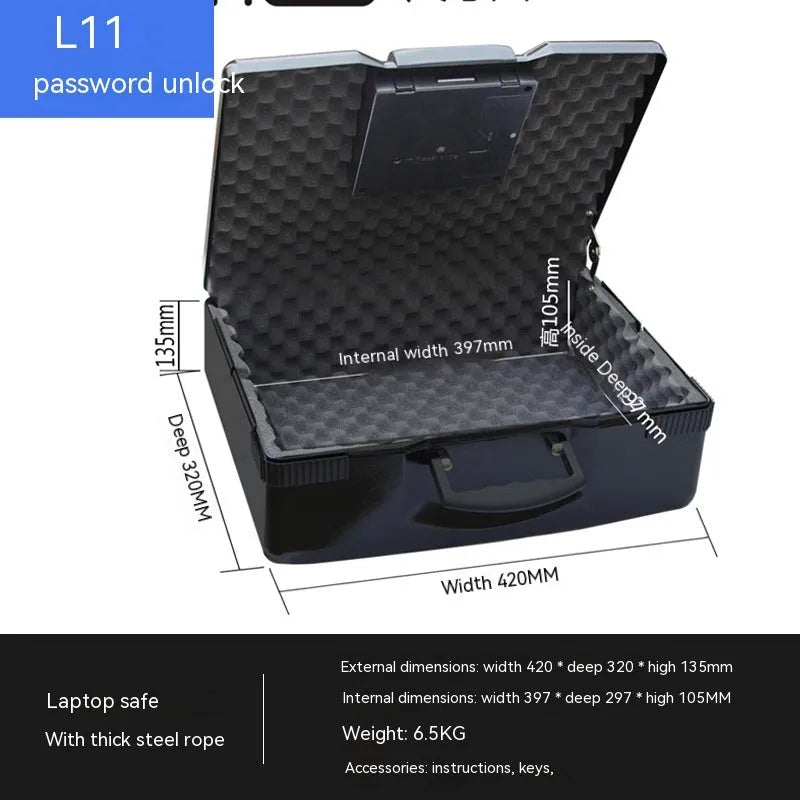 Small portable steel safe box with a mechanical combination dial lock on the front.