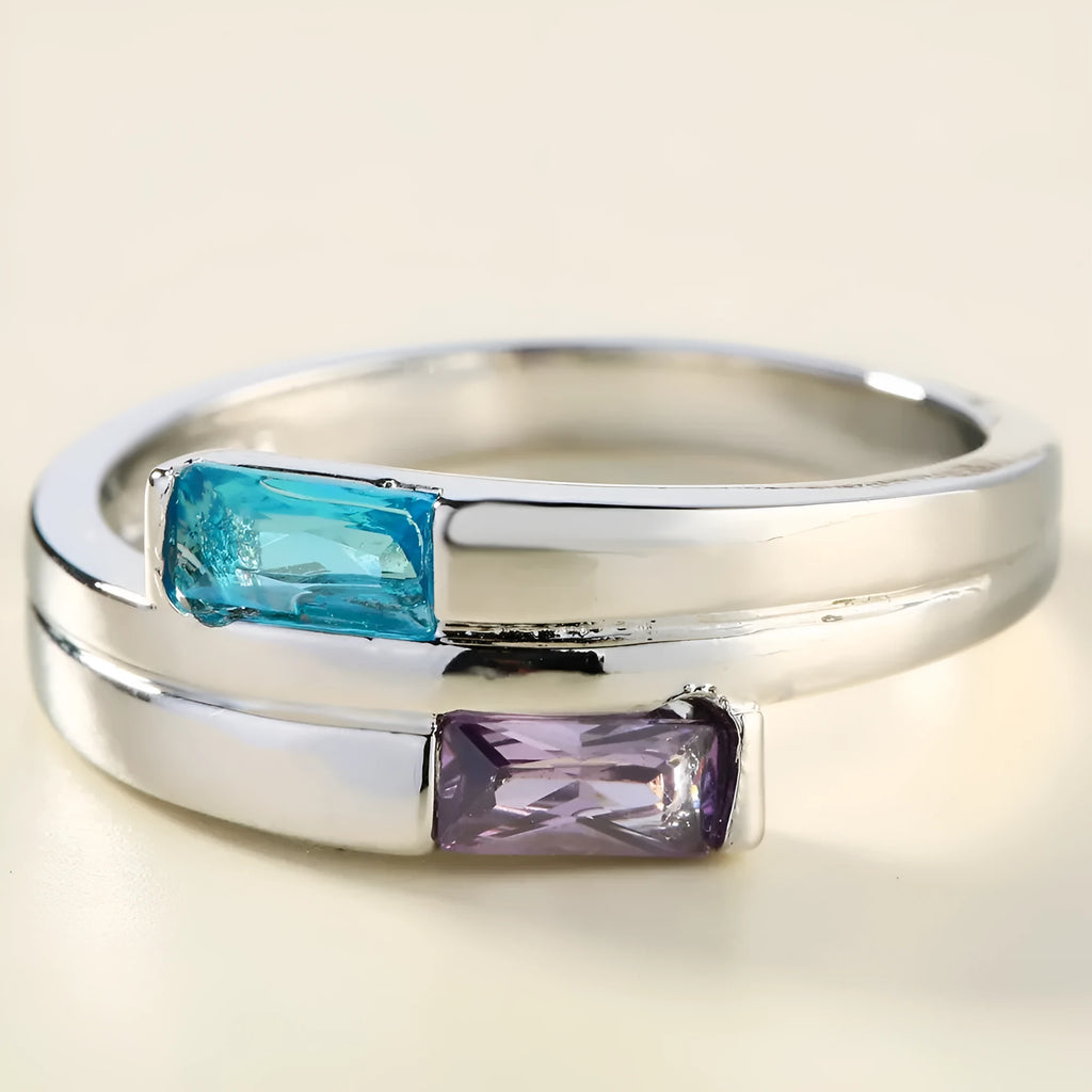 Silver electroplated copper ring with zircon stone setting showing ins style design