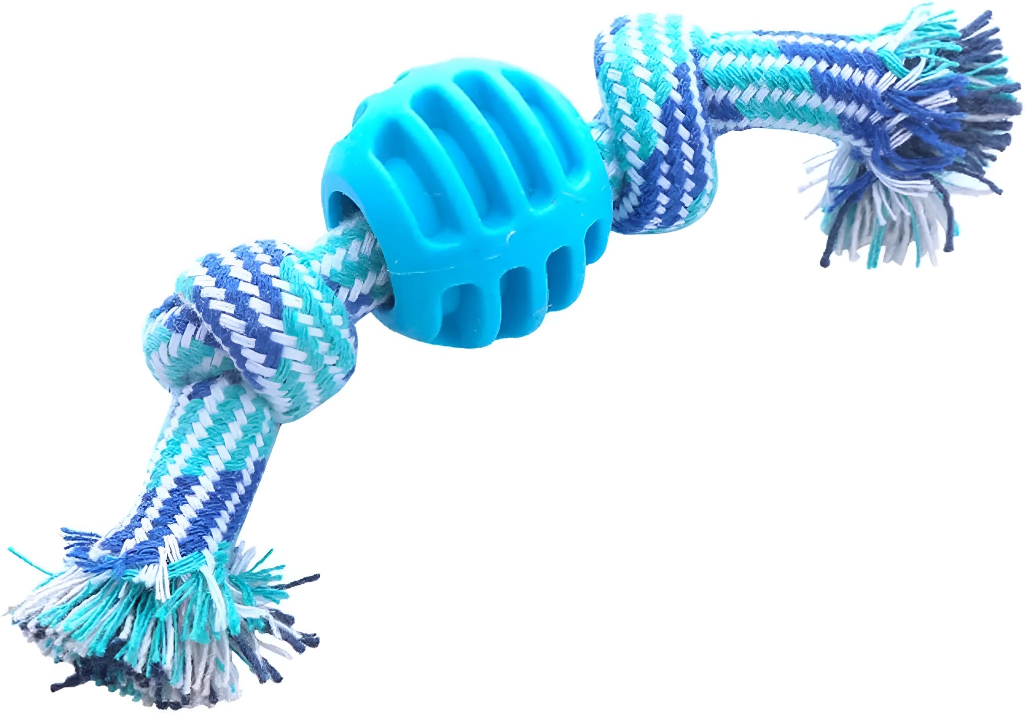 Blue dog chew toy with integrated rope strands for dental cleaning and play