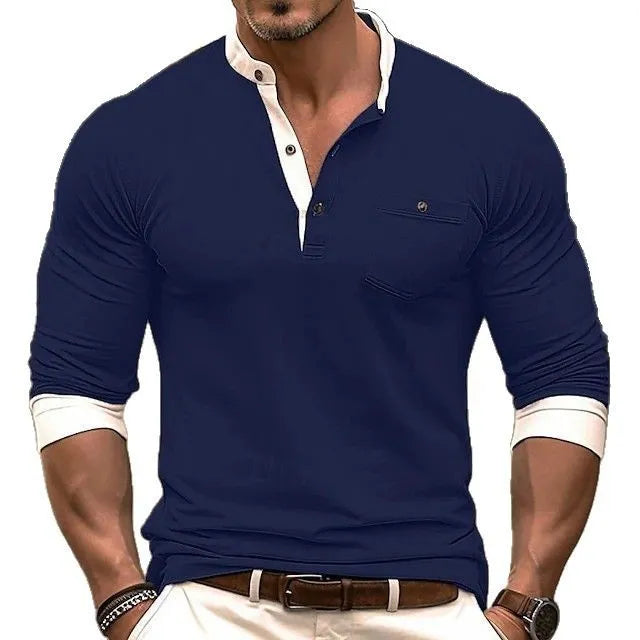 A man wearing a solid colour long sleeve cotton T-shirt in a casual setting.
