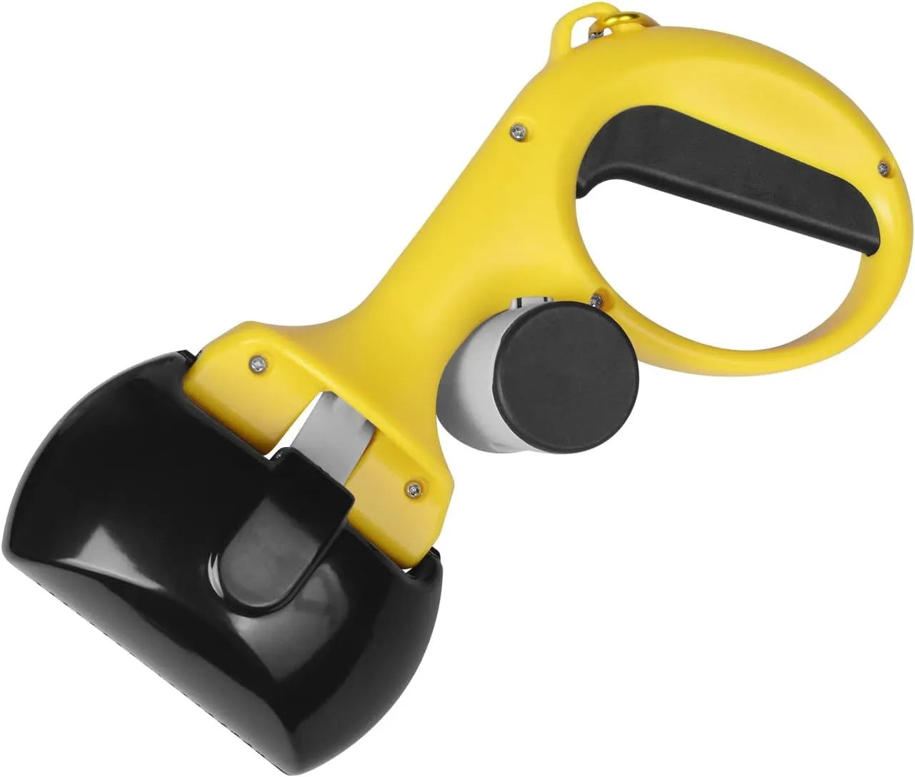 A heavy-duty ABS plastic pet pooper scooper with a built-in trash bag holder and top carry hook.