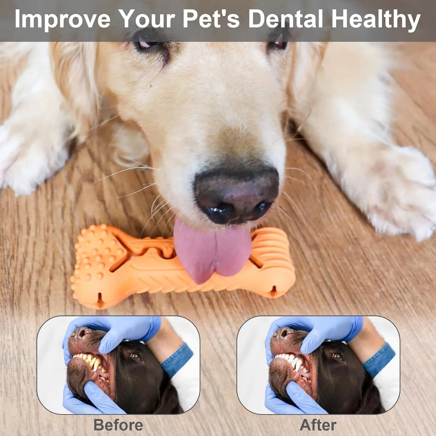 Natural rubber bone-shaped dog chew toy in blue, green, or orange for aggressive chewers and teeth cleaning