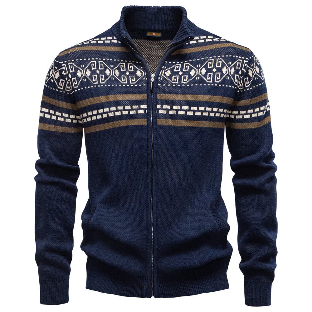 Men's cotton zipper knitted jacket in apricot with slim fit and collar, front view