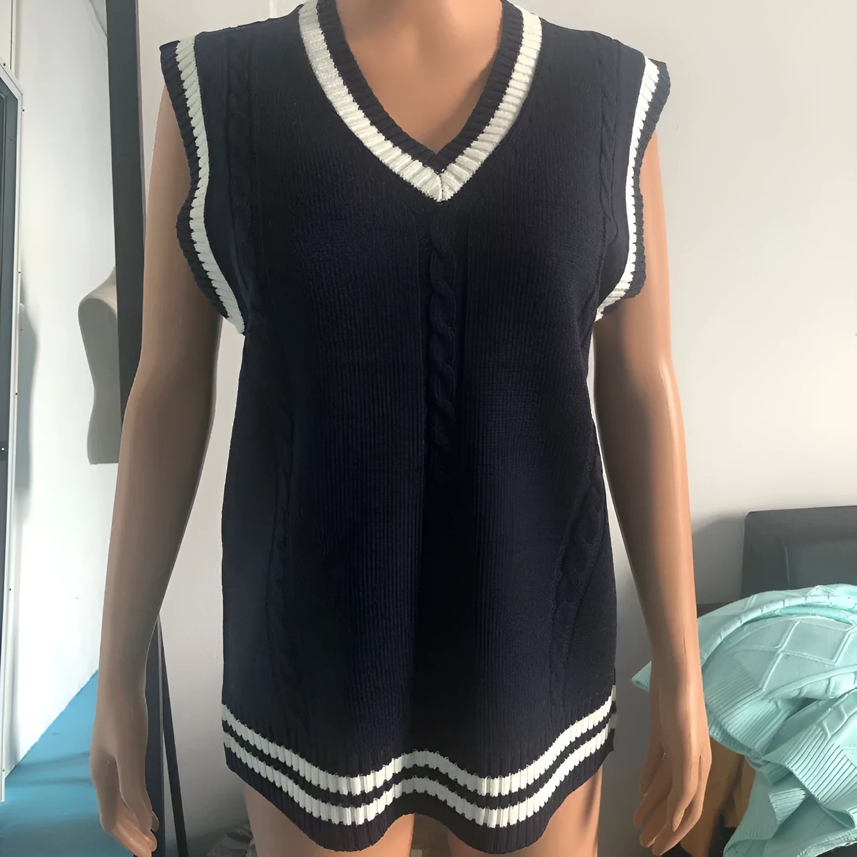Women's waistcoat V-neck knitted sweater with striped stitching detail in slim fit design
