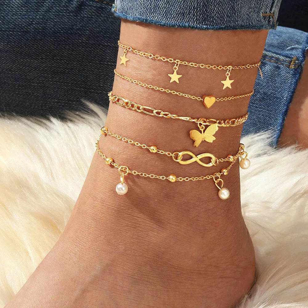 Butterfly Pearl Heart Anklet 4-piece set multi-layer women's alloy anklet Butterfly Love design
