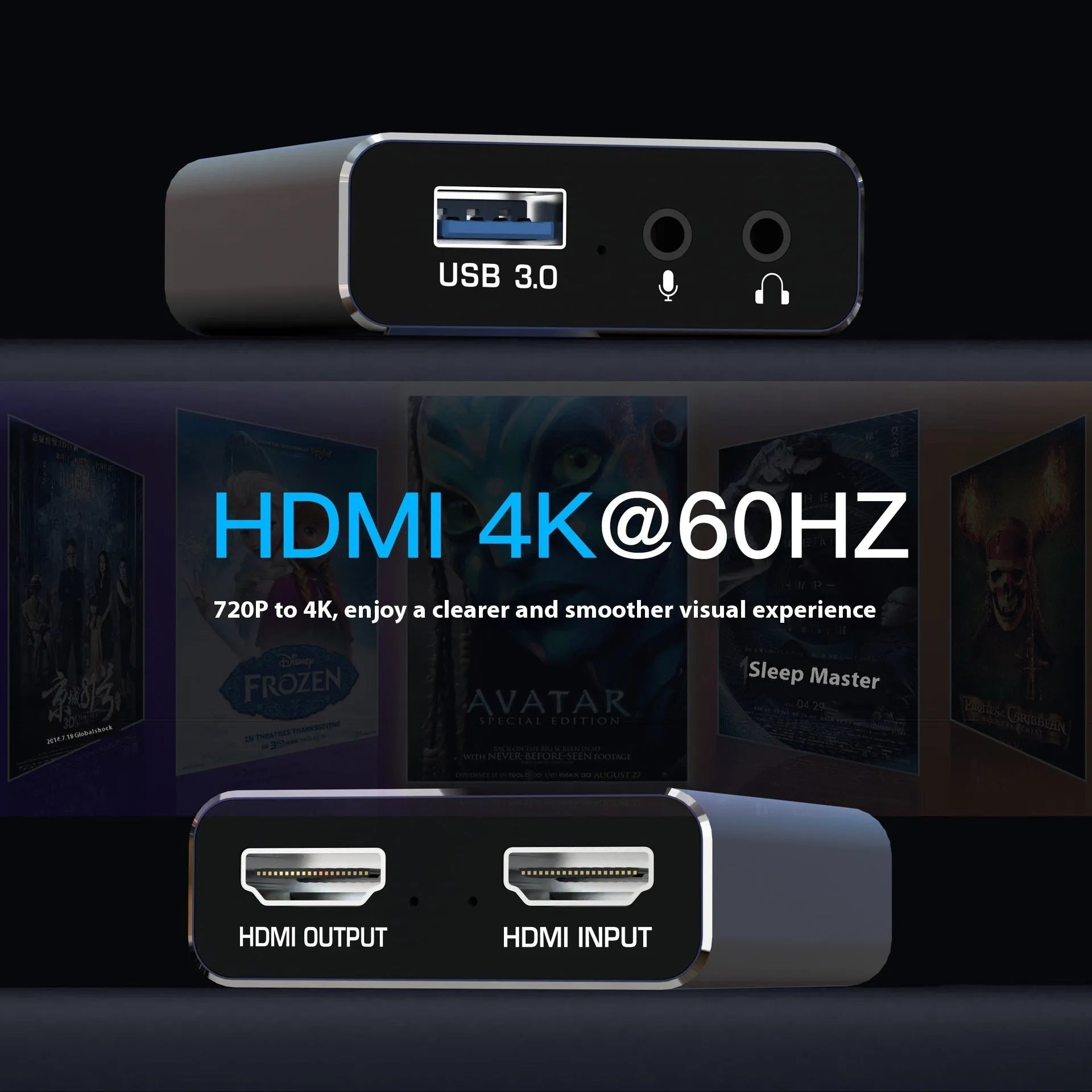 Black 4K gaming set-top box with USB connection for video and audio recording