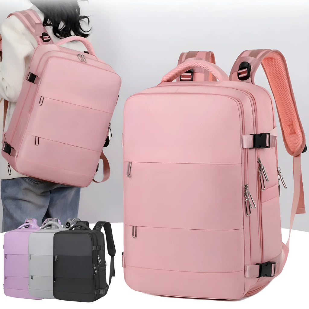 Large capacity purple travel backpack for women with laptop compartment and multiple organisational pockets
