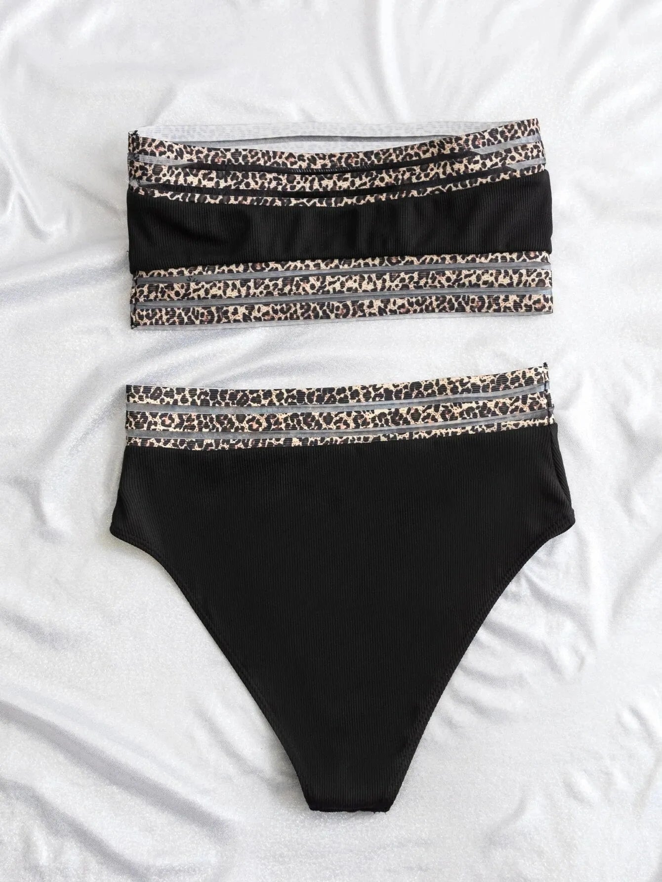 Black leopard print strapless swimsuit with colour block design and brief style