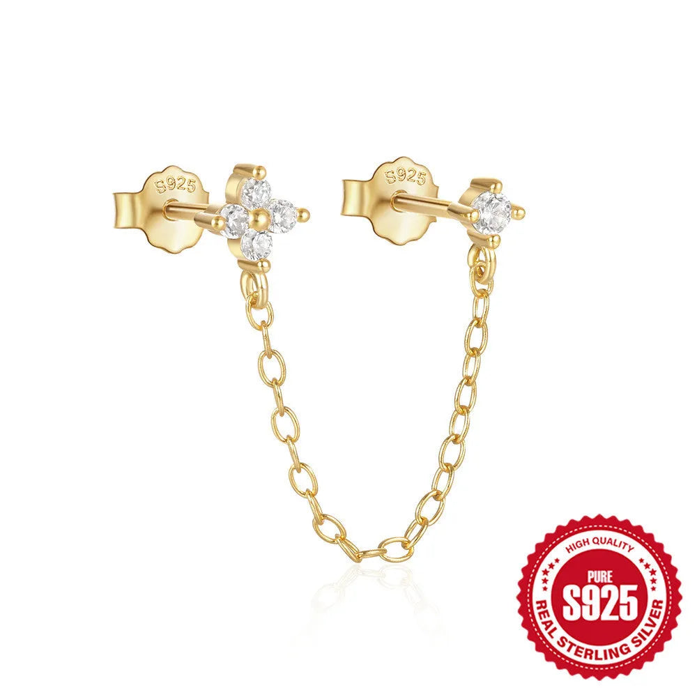 S925 sterling silver geometric ear studs with diamond flower and tassel chain detail in gold colour