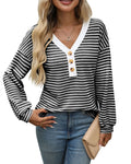 Women's loose-fitting V-neck patchwork pullover top in polyester fabric with long sleeves