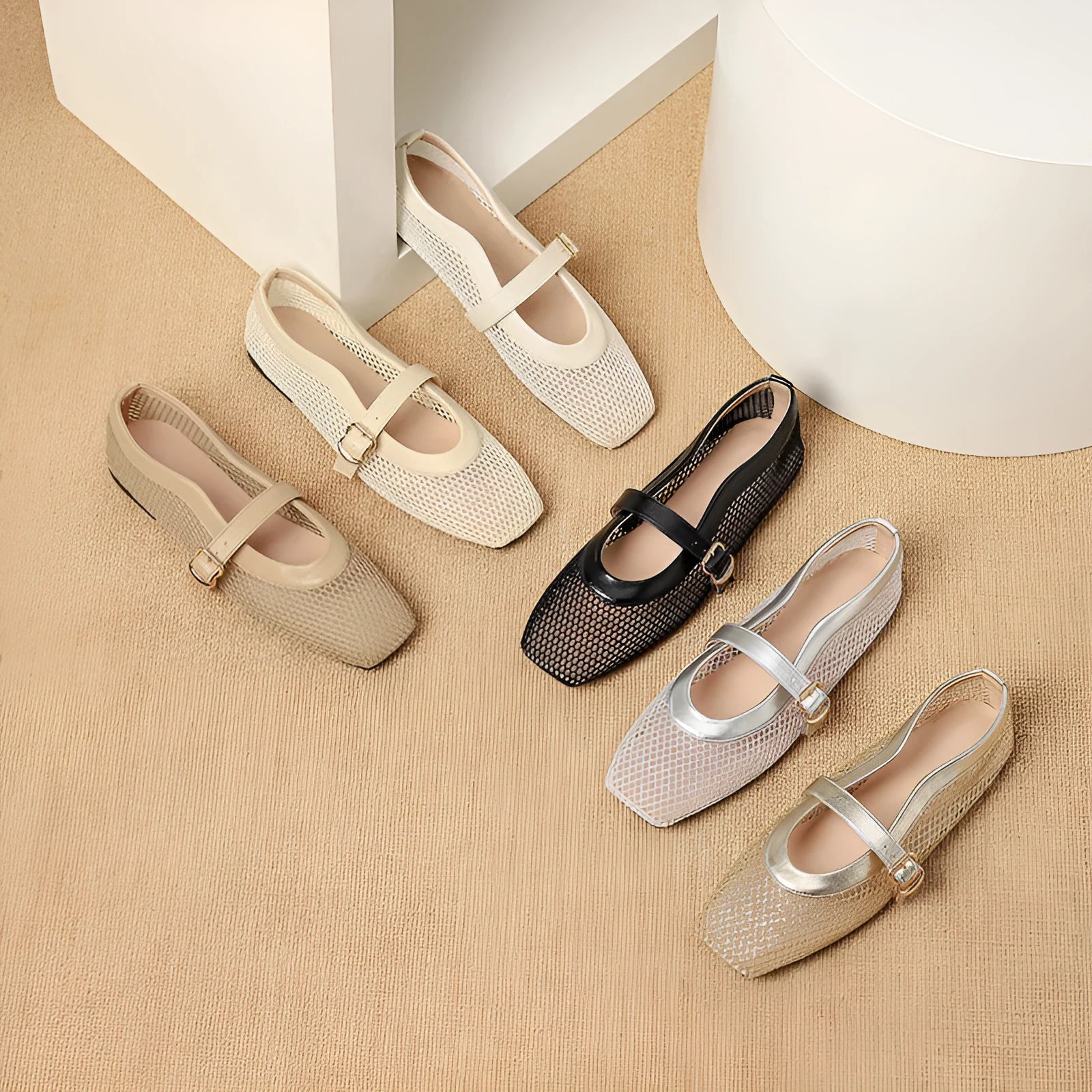 Women's breathable mesh pumps with buckle, flat heel, and square toe in beige colour.