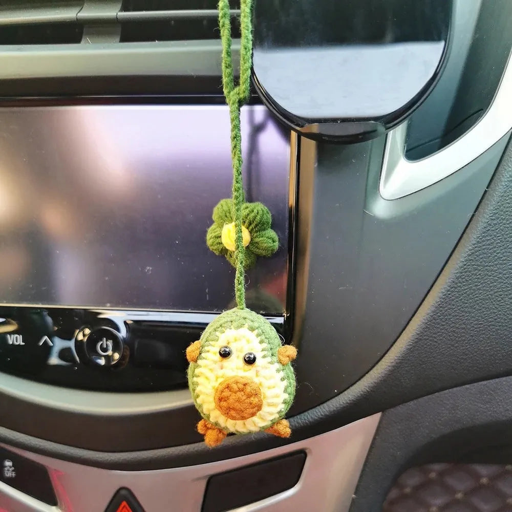 Handmade crocheted avocado rainbow flower car pendant in wool yarn for colourful vehicle interior decoration