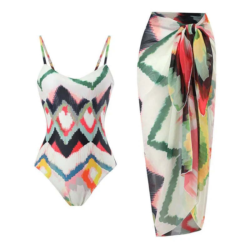 Women's two-piece swimsuit with matching hip skirt in striped gradient print
