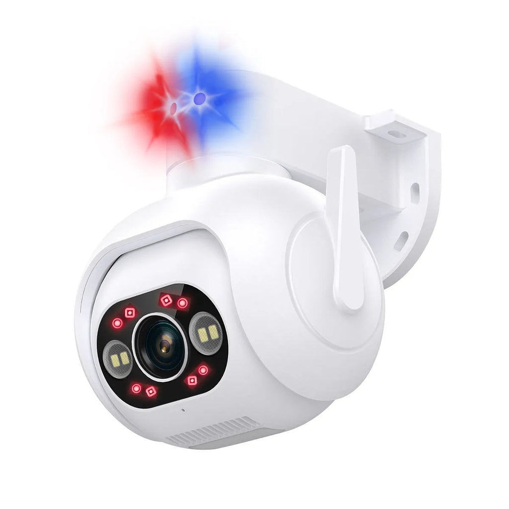 White plastic 4MP smart colour night vision security camera with wall mount bracket.