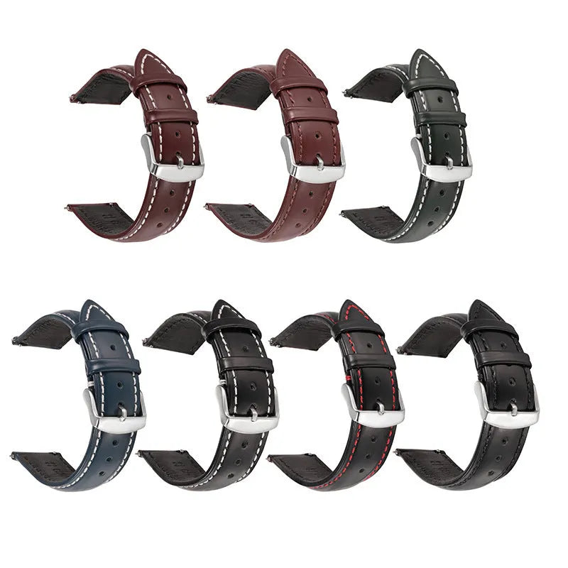 Quick release leather watch strap in bright cowhide showing colour options and width sizes from 18mm to 22mm.