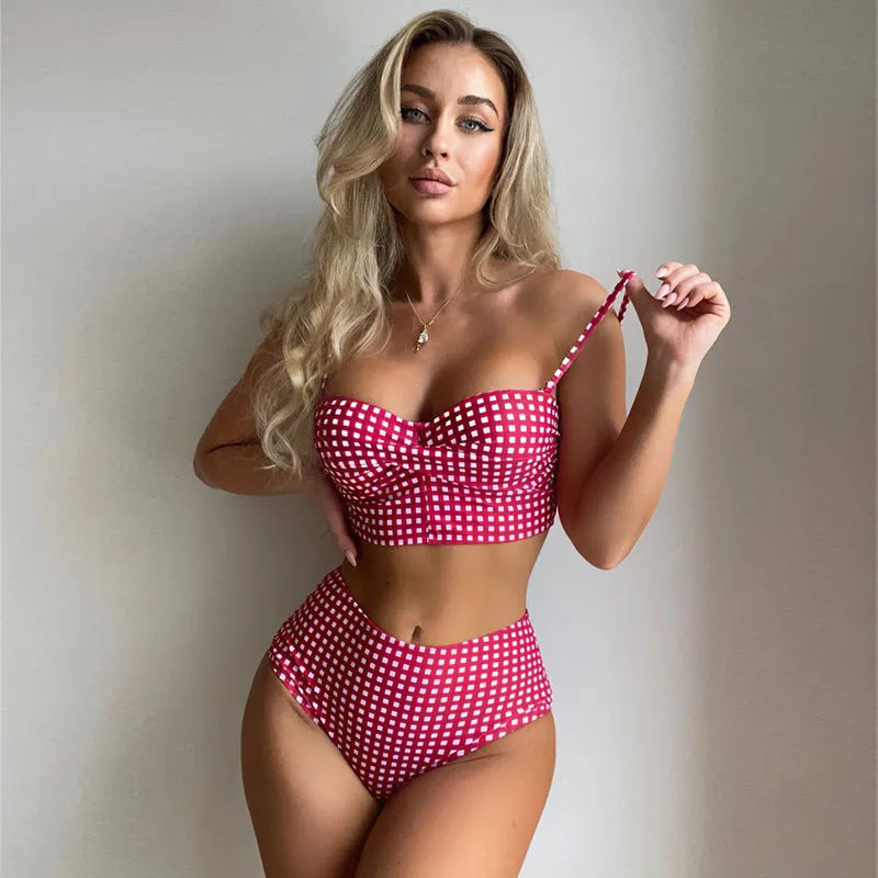 Women's high-waisted plaid bikini swimsuit set with split detail in multiple colour options