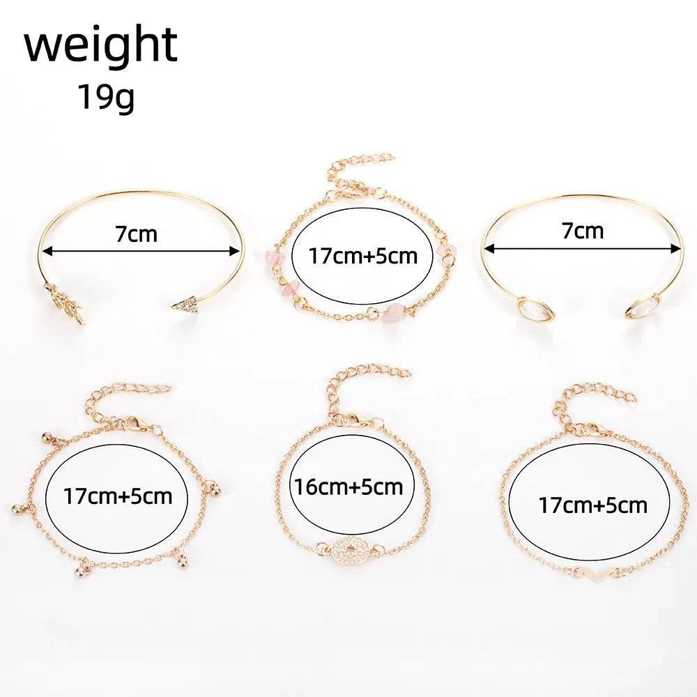Six gold zinc alloy bracelets with V-shaped, water droplet, arrow and spot drill designs