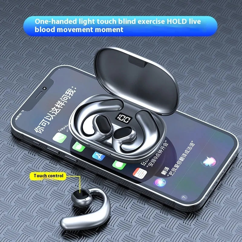 Ear-mounted Bluetooth headset with bone conduction technology and digital display screen in black colour