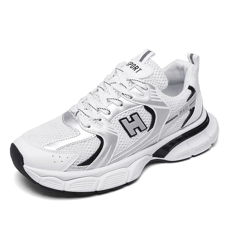 Men's mesh running shoes in black, white and grey, or white orange colours with plastic sole