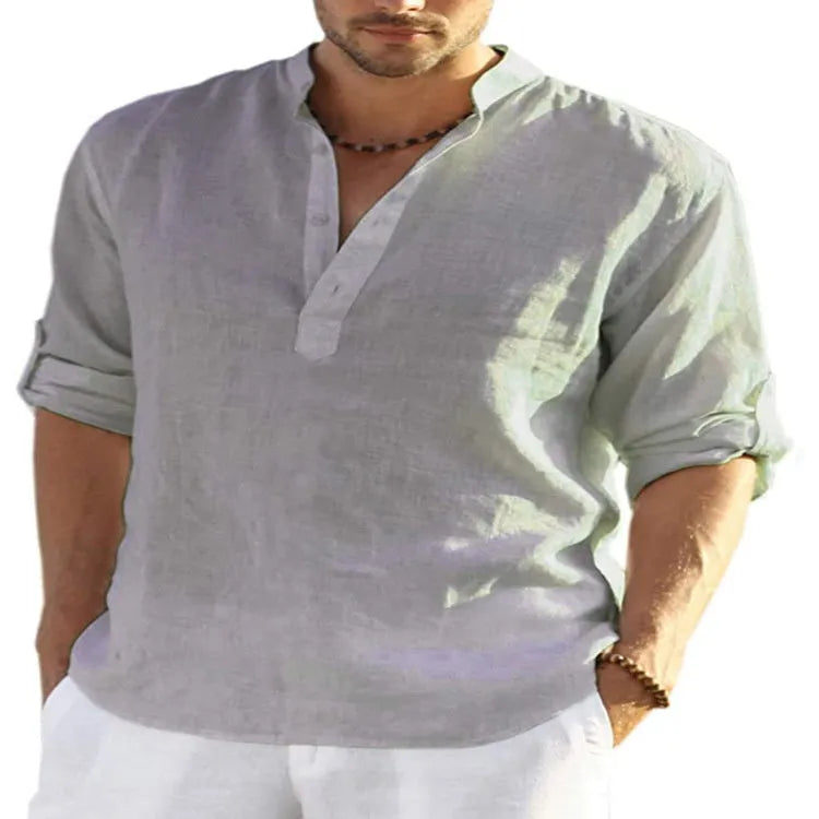 Men's casual cotton linen shirt in solid colour with stand collar and long sleeves