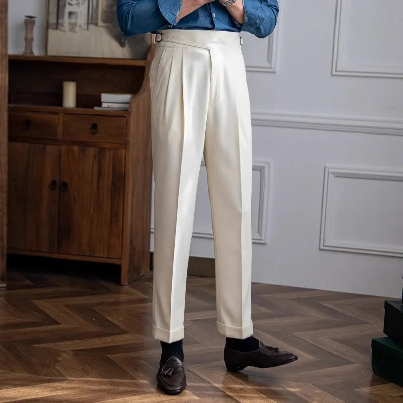 Men's high waist straight leg casual trousers in black, shown on a hanger.