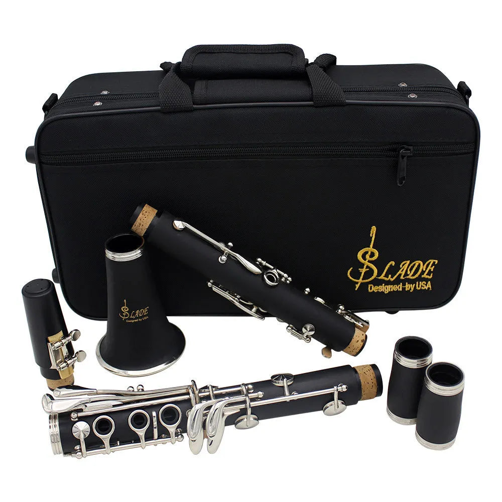 Black beginner clarinet with 17 nickel keys and carrying bag for musical practice