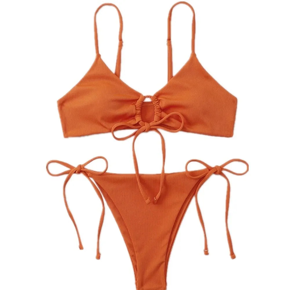 Women's solid colour drawstring bikini set in army green, backless design, quick-drying nylon fabric