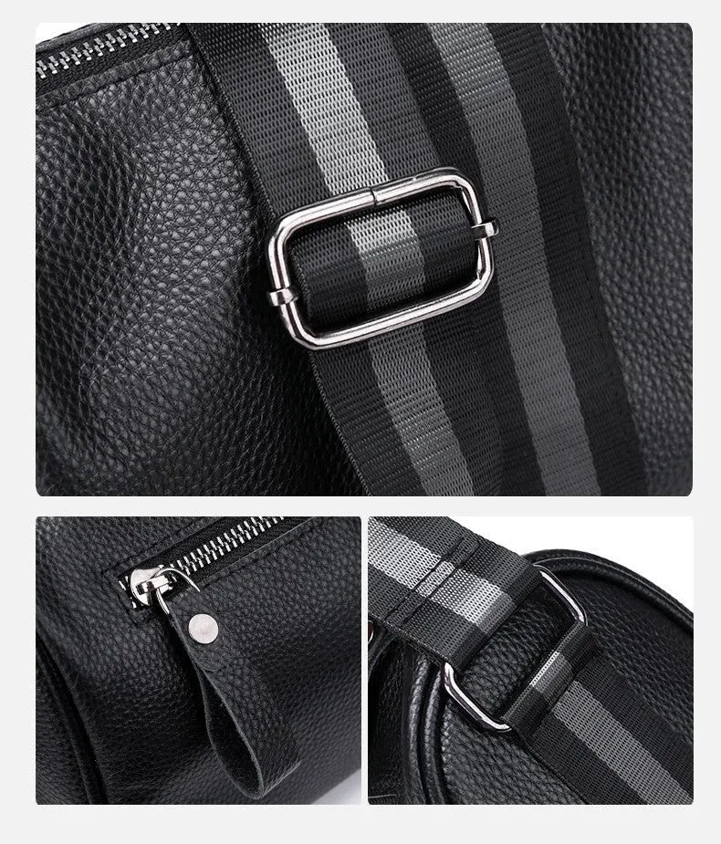 Black genuine leather crossbody bag showing front view with single shoulder strap