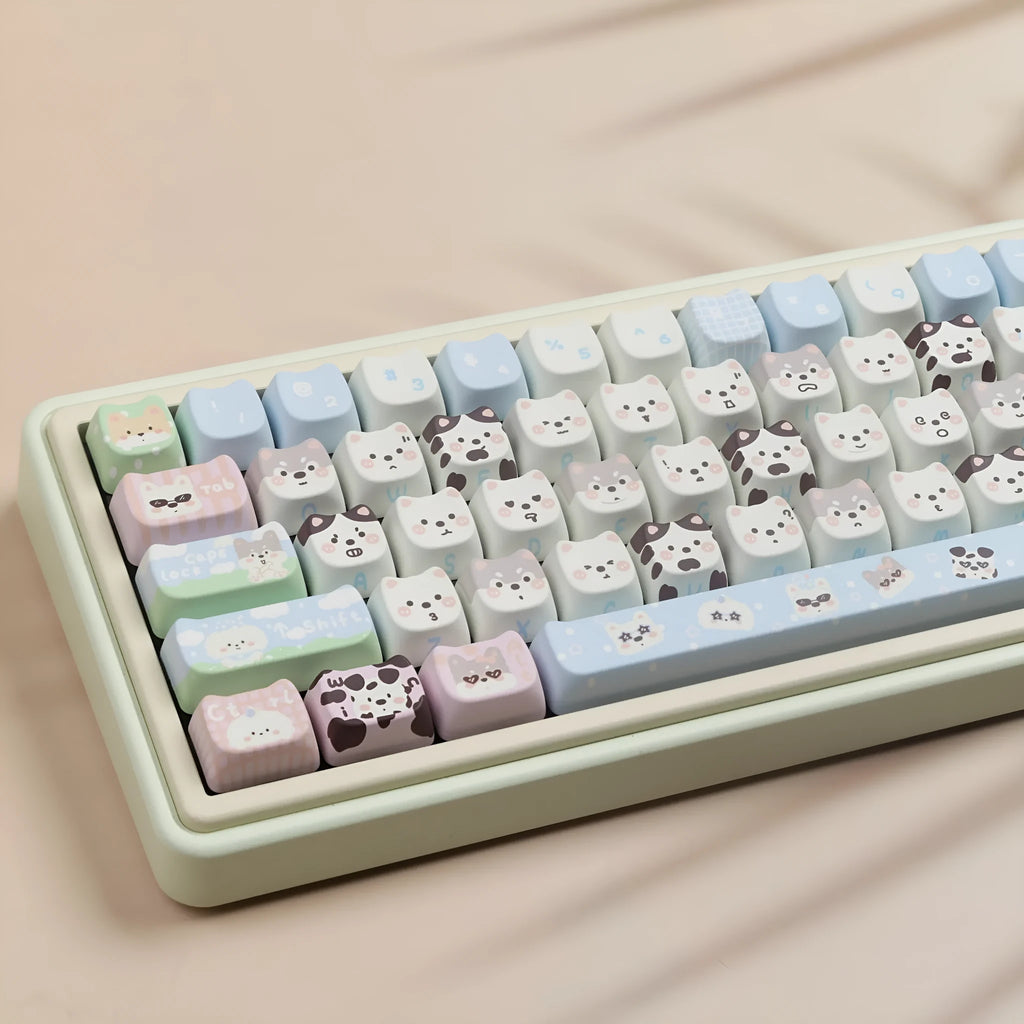 Full set of PBT key caps with cat and puppy sublimation artwork for mechanical keyboards