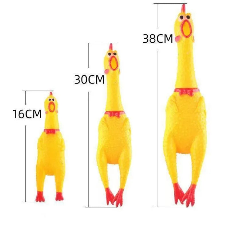 Yellow rubber screaming chicken dog squeak toy shown in three different sizes.