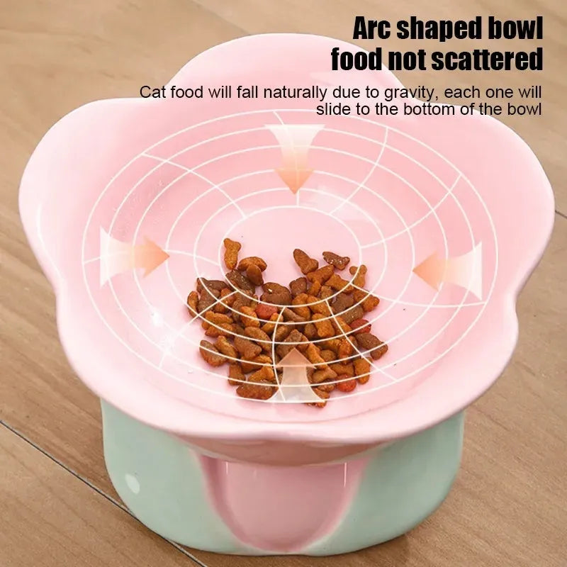 Blue floral ceramic raised pet feeding bowl with non-slip base for cats and small dogs