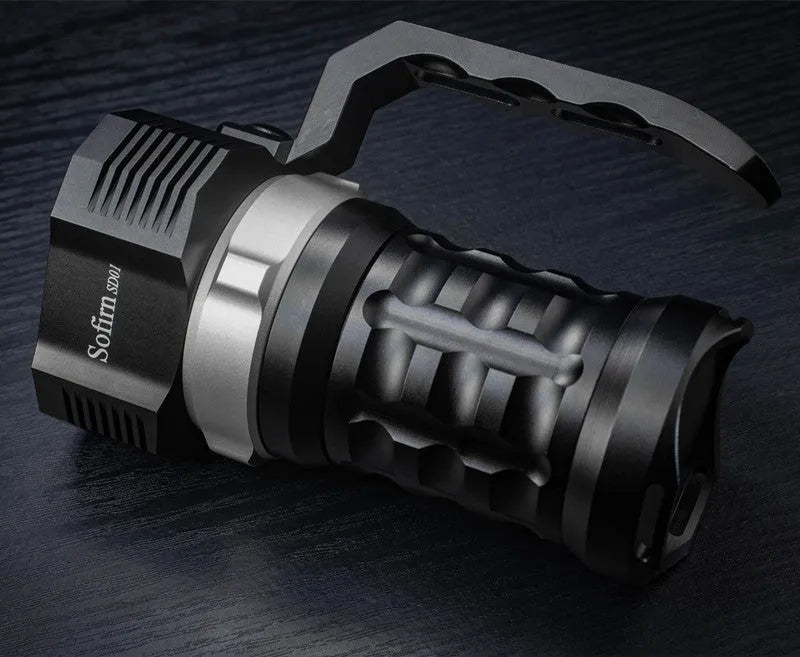 Aluminium alloy diving torch flashlight with 500m range and waterproof housing.