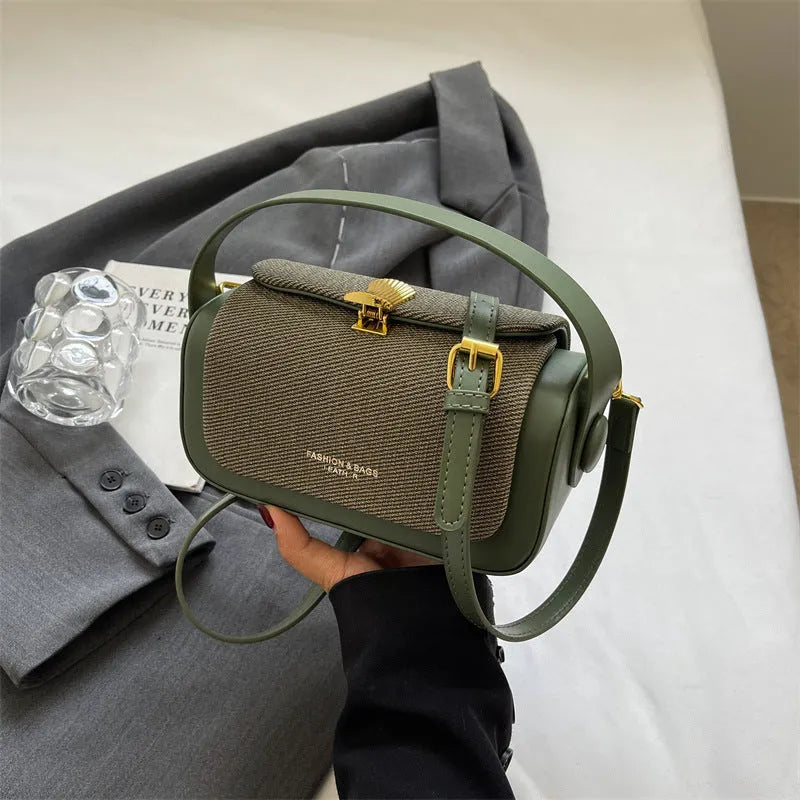 Women's PU leather messenger bag in horizontal square shape with contrast colour stitching and lock closure, available in multiple colours