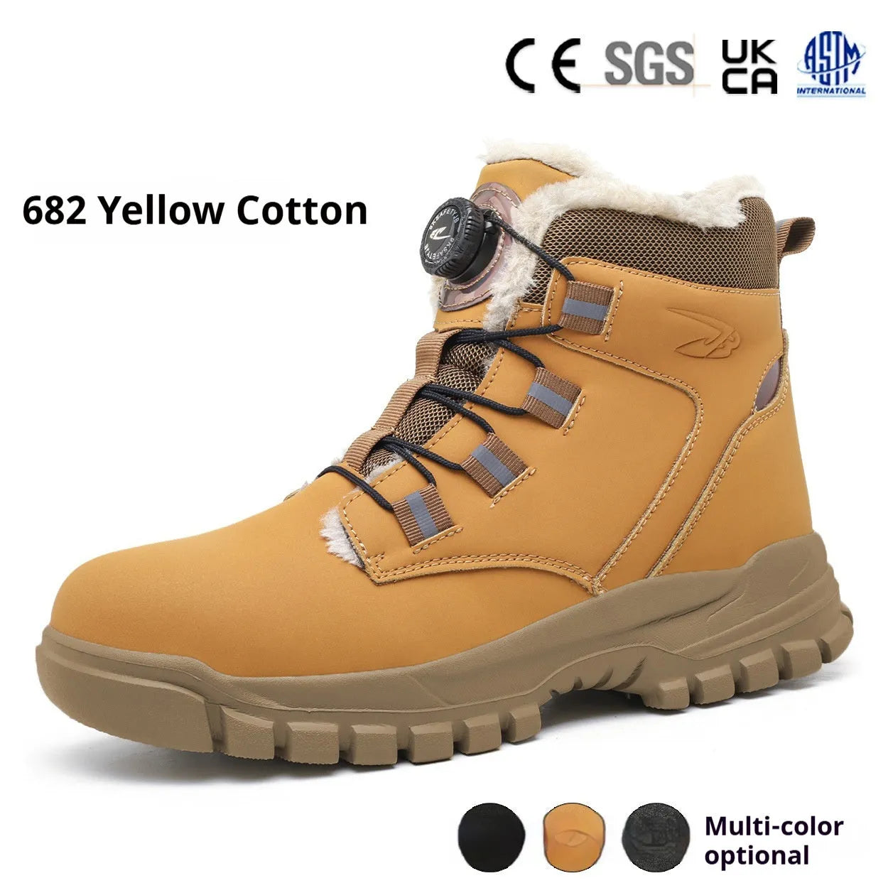 Leather upper and rubber sole lightweight safety shoes in black, yellow, and grey colour options.