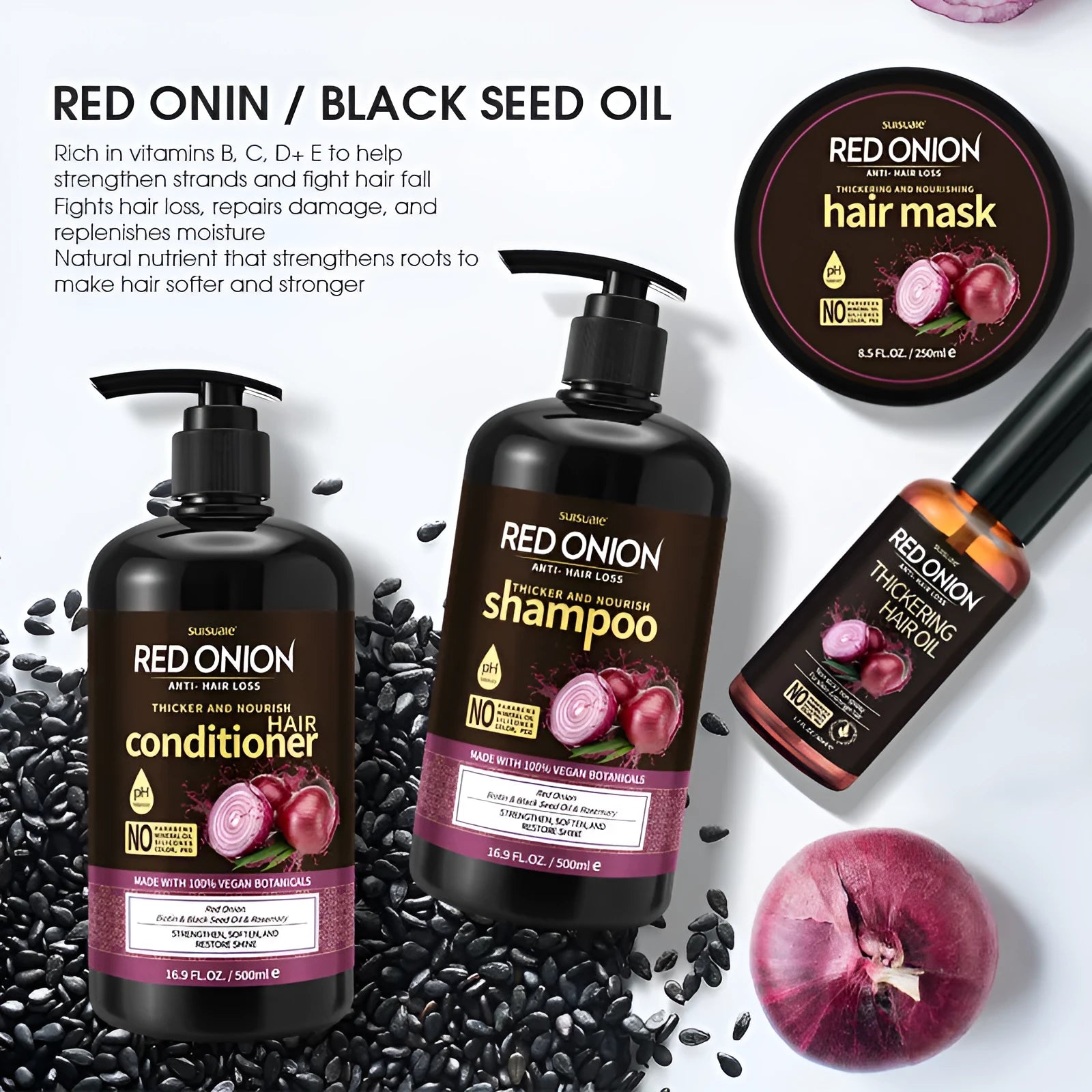 Red onion shampoo and conditioner four-piece set with hair mask and essential oil bottles
