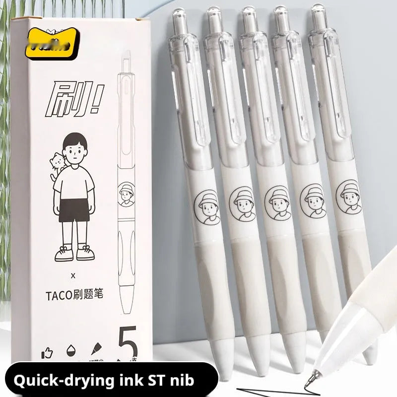 Five black ink ballpoint pens with 0.5mm tips for student exam writing