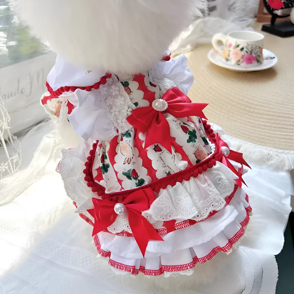 Rabbit skirt princess style dog dress on a small dog, showing the polyester fabric and skirt design.