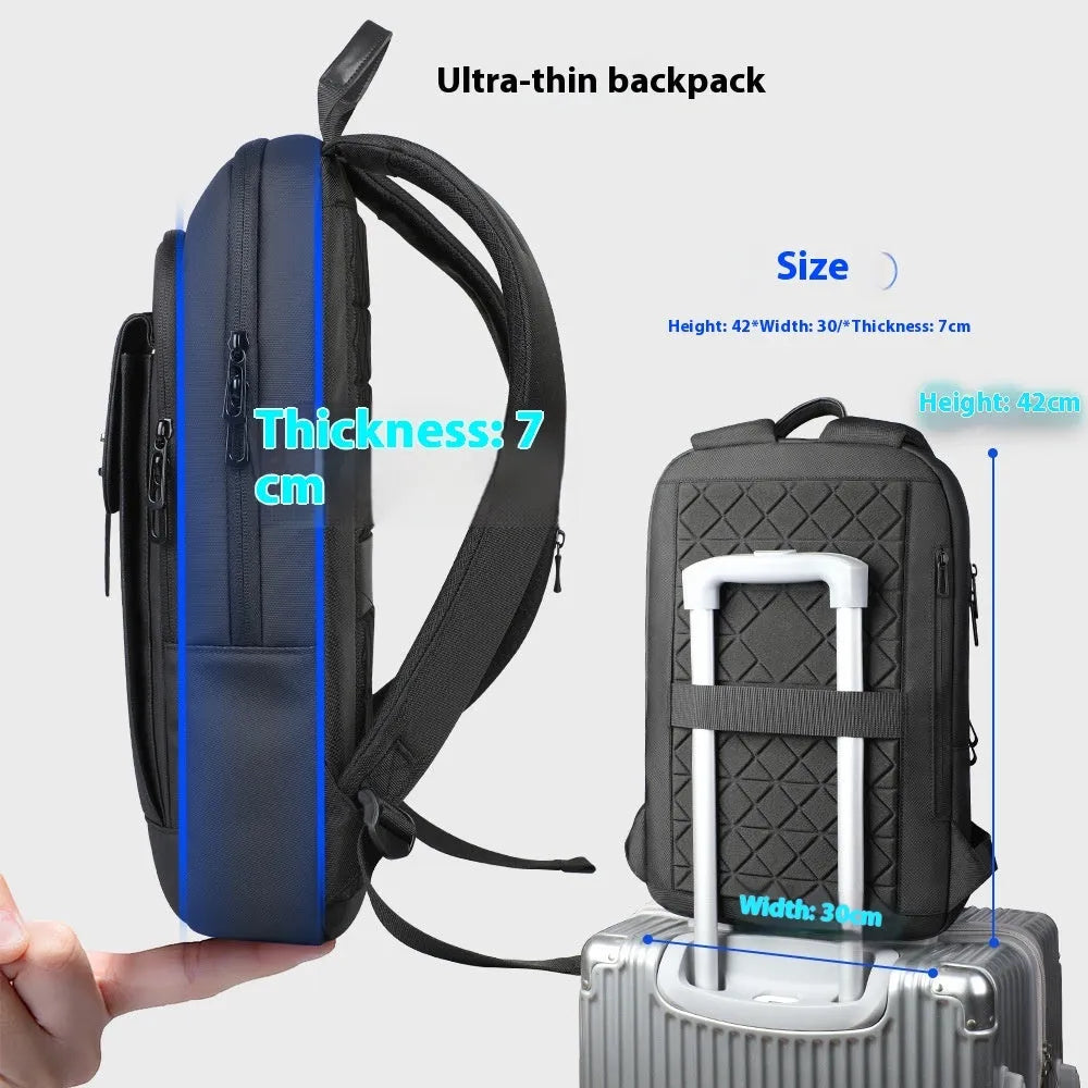 Black Oxford cloth men's backpack with sewing line detailing for daily commute