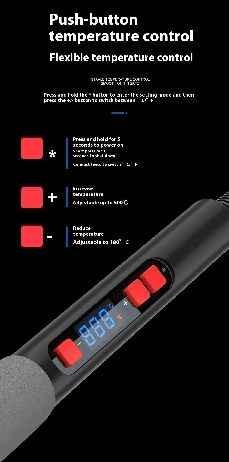 Grey 90W electric soldering iron with ceramic heating core, five tips, sponge, and solder on a workbench.
