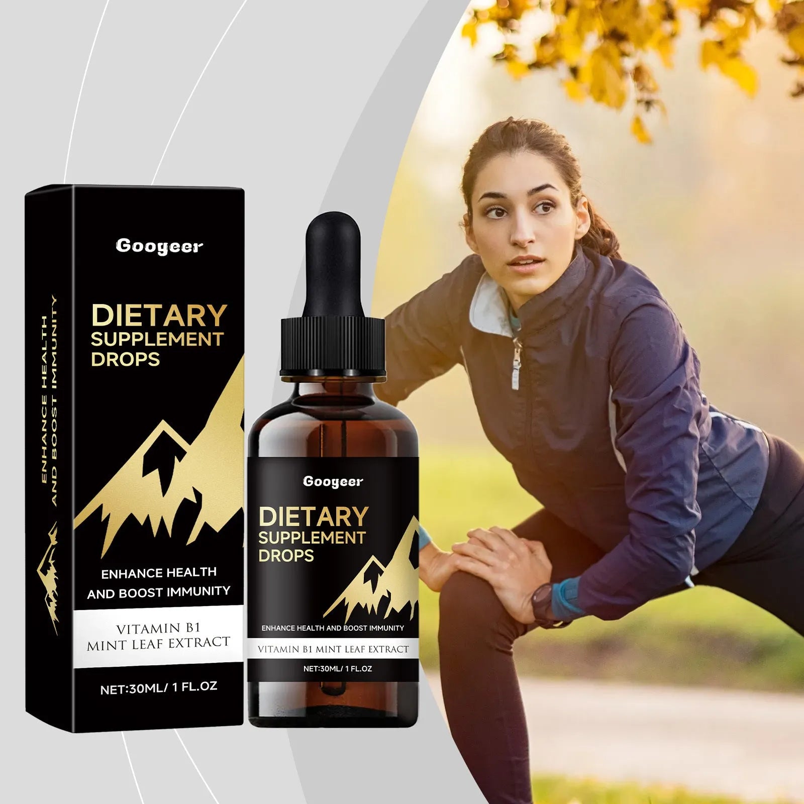 Bottle of liquid dietary supplement drops with dropper against plain background