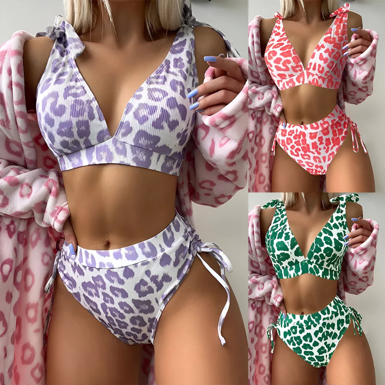 Women's printed lace-up chest cover high waist suit set with sleeveless top and shorts in purple leopard print on white background
