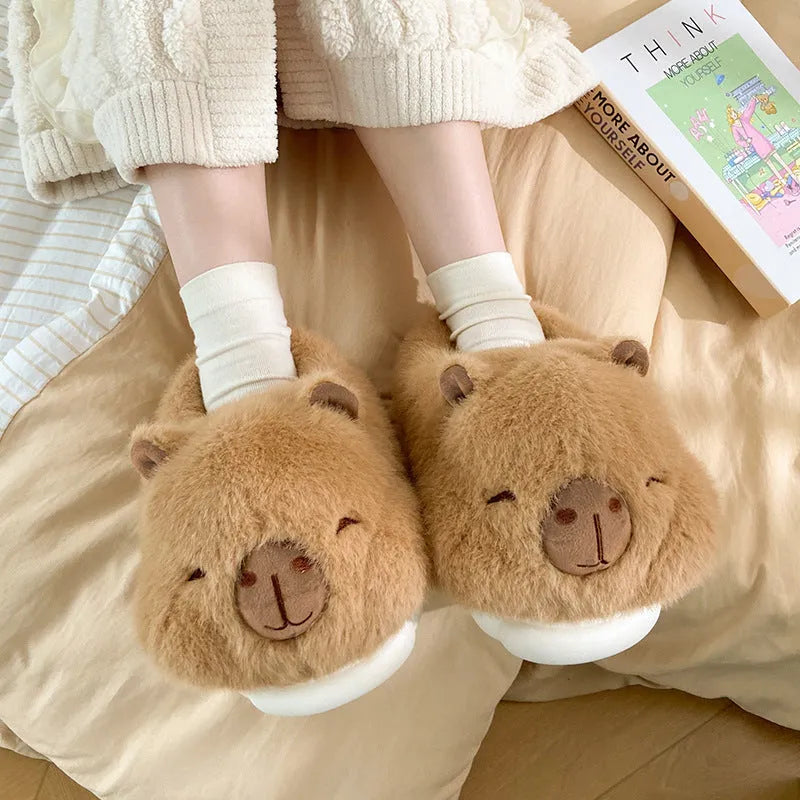 Women's winter bag heel slippers in light brown with plush upper and round toe, artificial wool lining visible inside