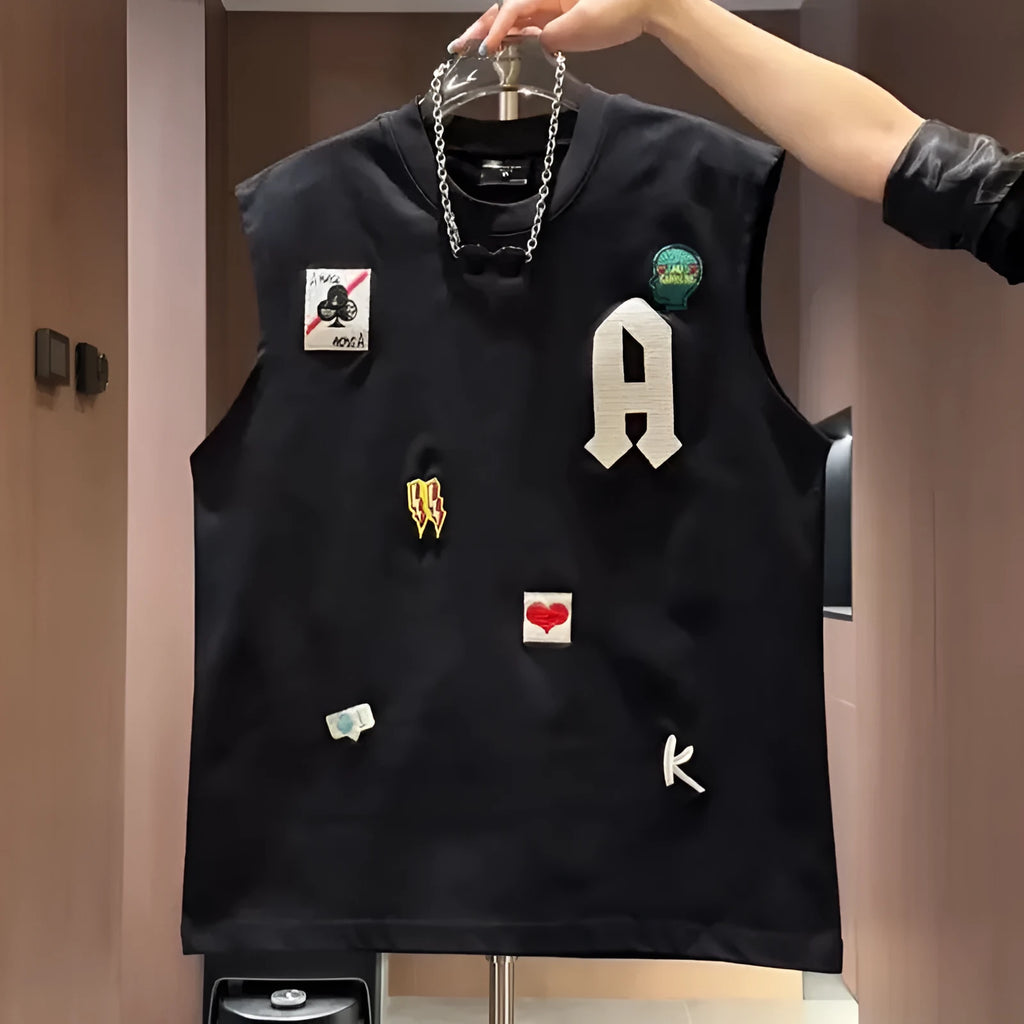 Men cotton cartoon printed sleeveless vest T-shirt in white loose fit