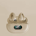 Black bone conduction Bluetooth headset with ear clip design shown on a white background.