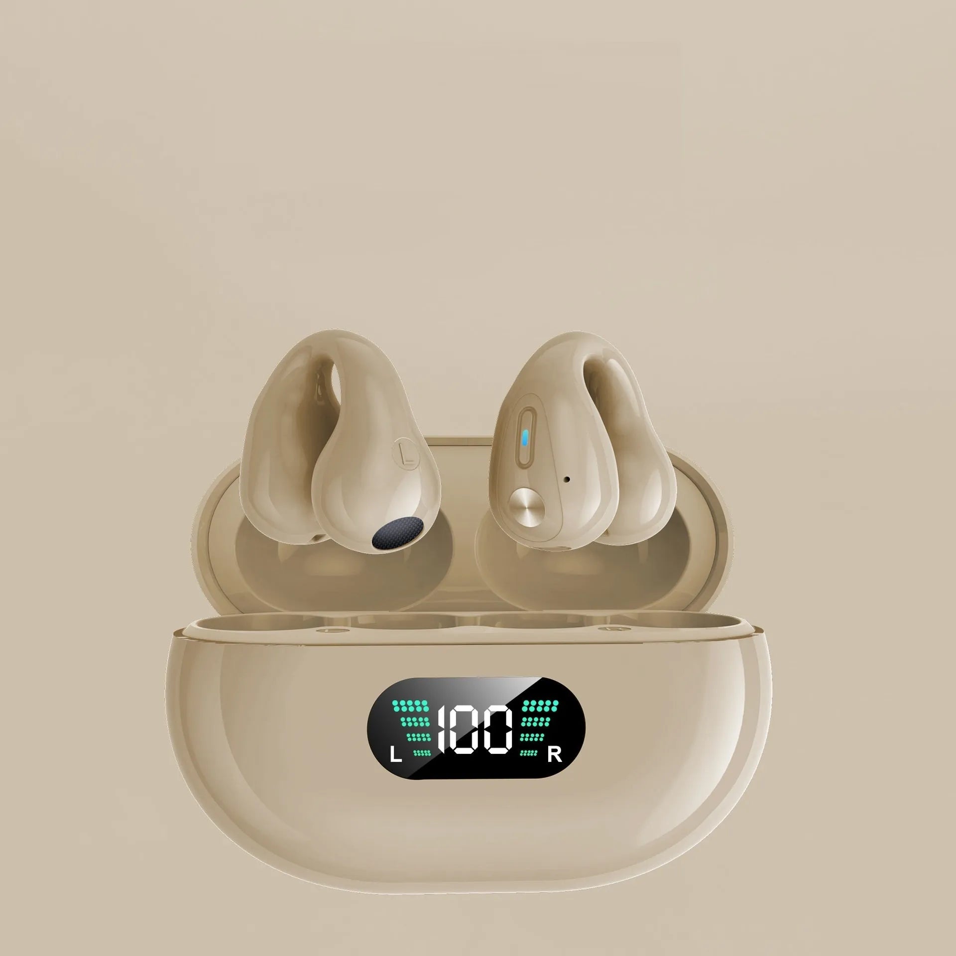 Black bone conduction Bluetooth headset with ear clip design shown on a white background.