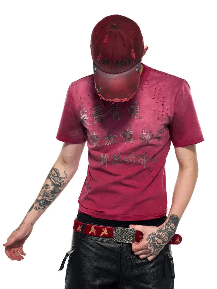 Men's red spray dirty washed distressed slim-fit short sleeve round neck T-shirt on model