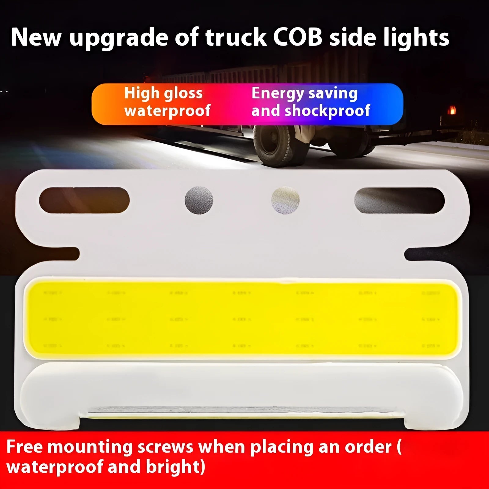 Super bright COB LED truck side light with aluminium alloy waterproof housing in red, yellow, green, blue, or white.