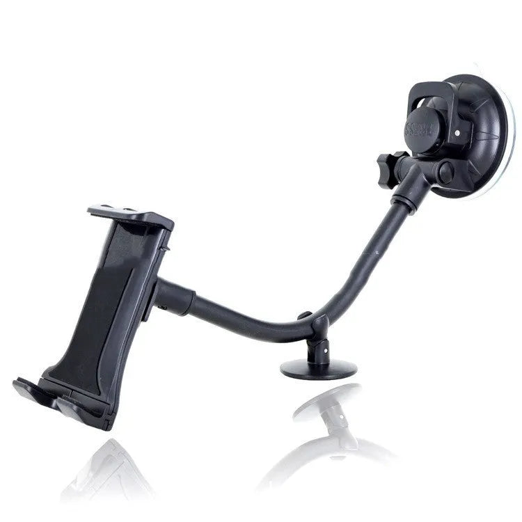 Black universal 4-12 inch vehicle-mounted tablet holder with long suction cup arm for car dashboard